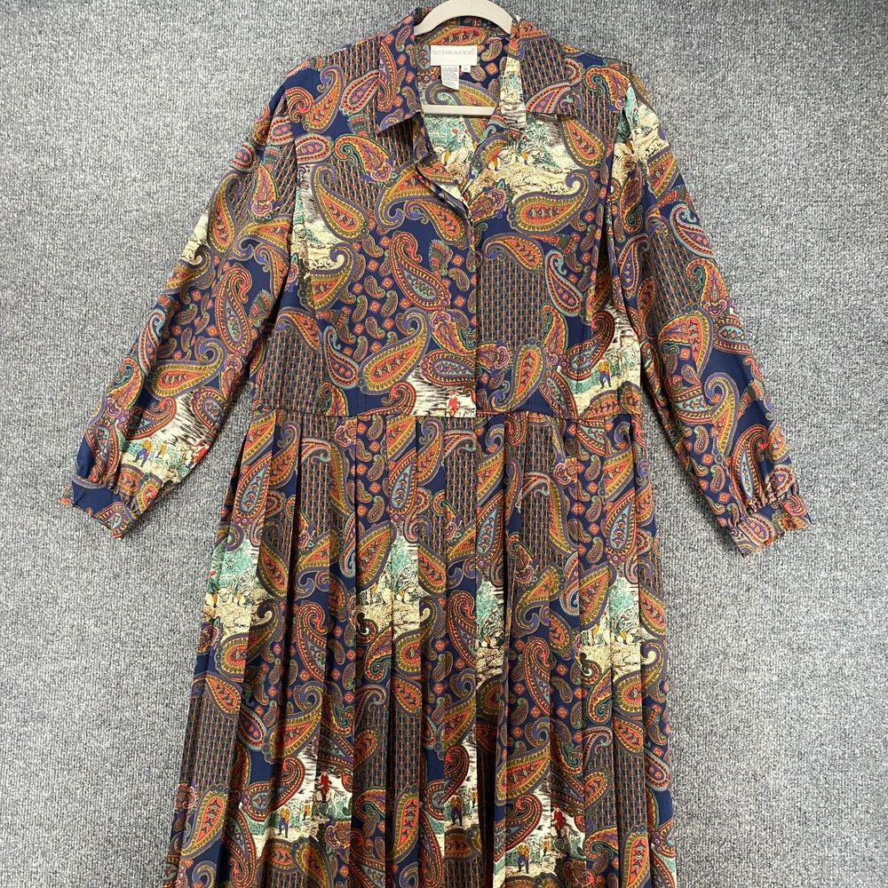 Vintage Schrader Dress Size 14 Paisley Hunting Button Up Pleated Modest‎ Cottage